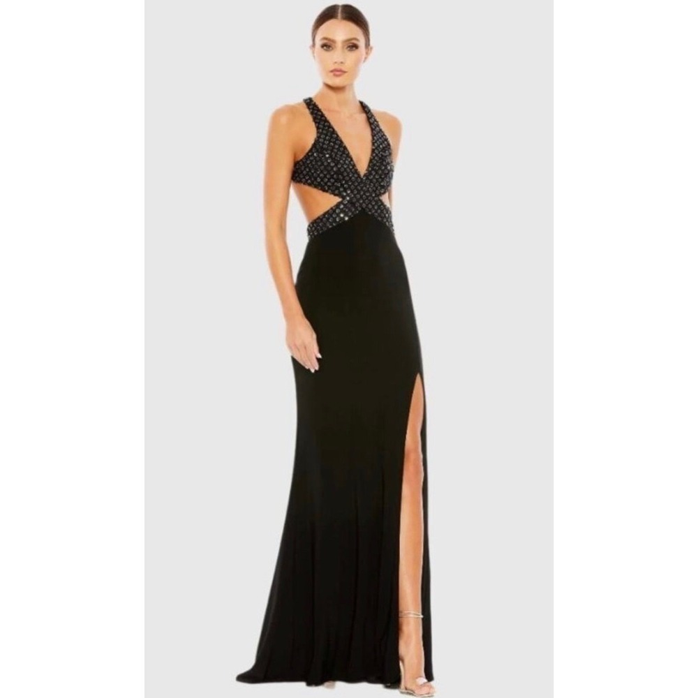 Mac Duggal 68166 Floral‎ Sequin Crisscross Bodice Formal Gown Black  Size 12 NWT